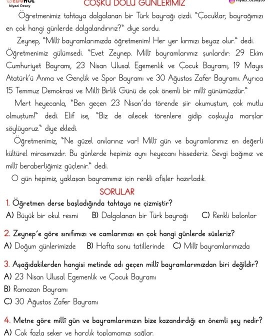 2. Sınıf Okuma Anlama Metni Coşku Dolu Günlerimiz