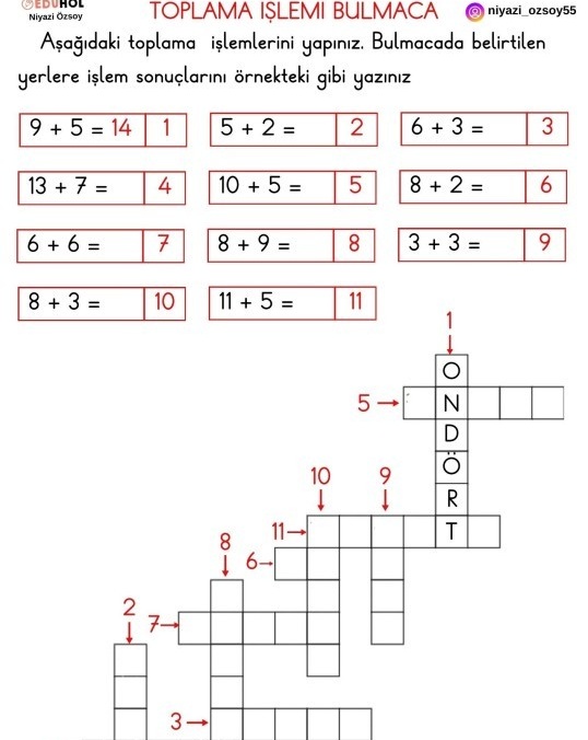 1.Sınıf Toplama İşlemi Bulmaca