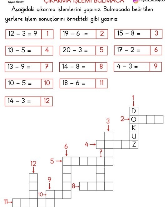 1. Sınıf Çıkarma İşlemi Bulmaca