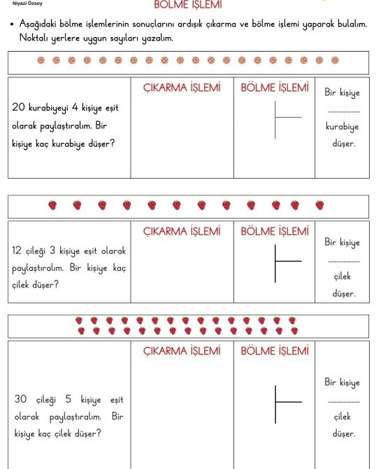 2.Sınıf Bölme İşlemi Problemlere Giriş Ardışık Çıkarma ve İşlemli Etkinlik