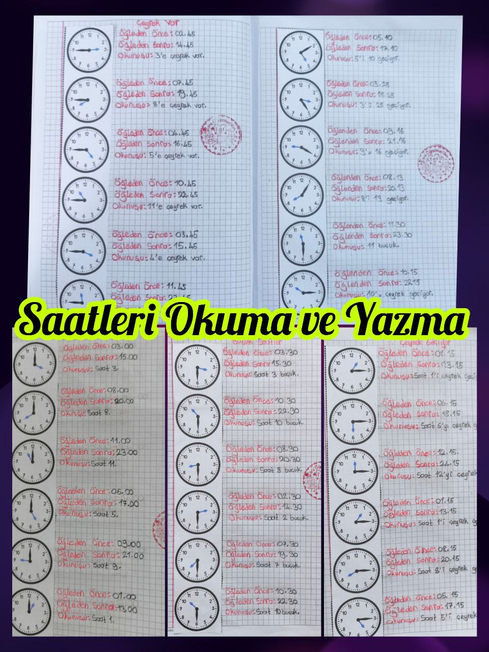 3.Sınıf Saatleri Okuma ve Yazma Defter Etkinliği