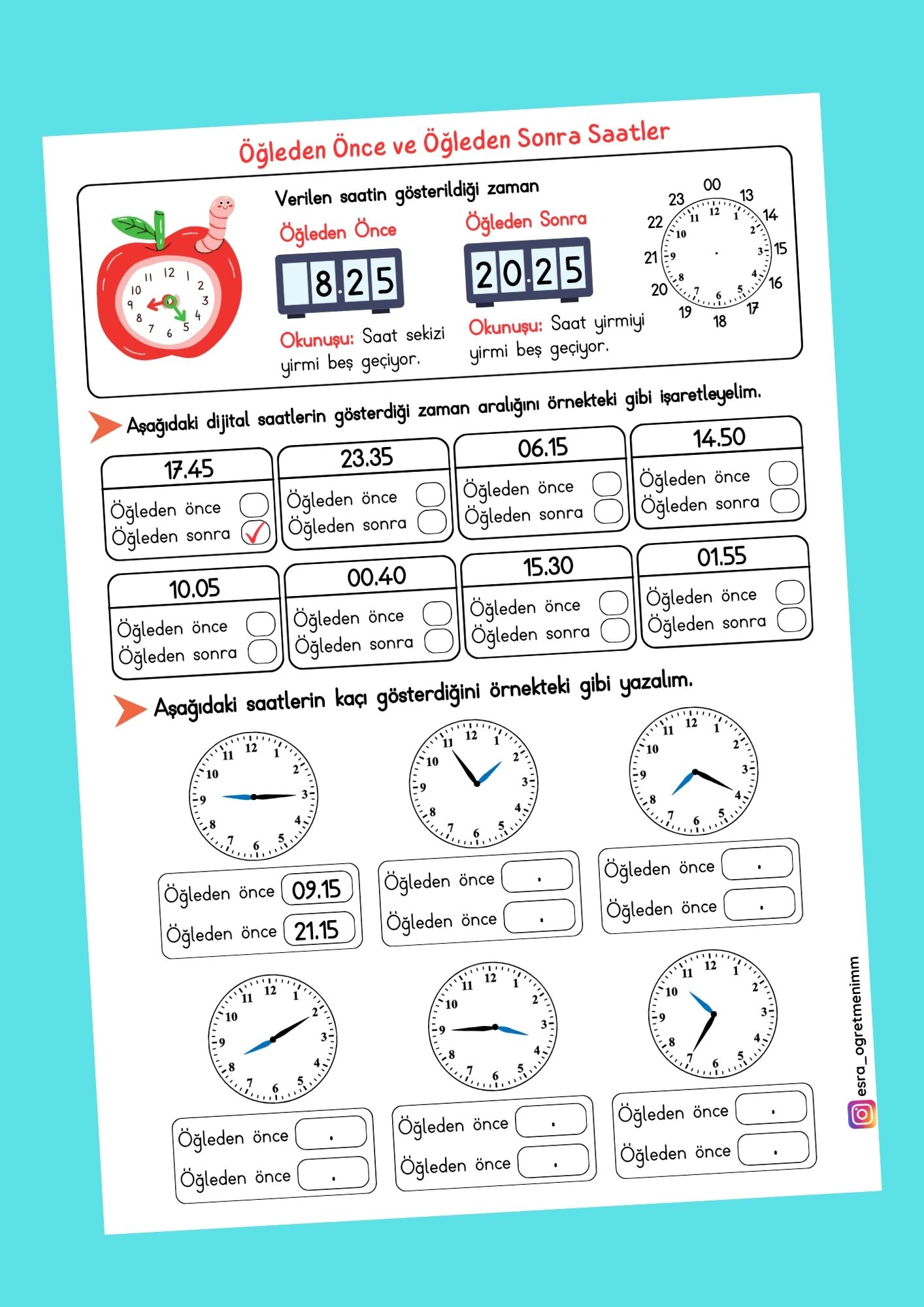 Öğleden Önce ve Öğleden Sonra Saatler Pekiştirme