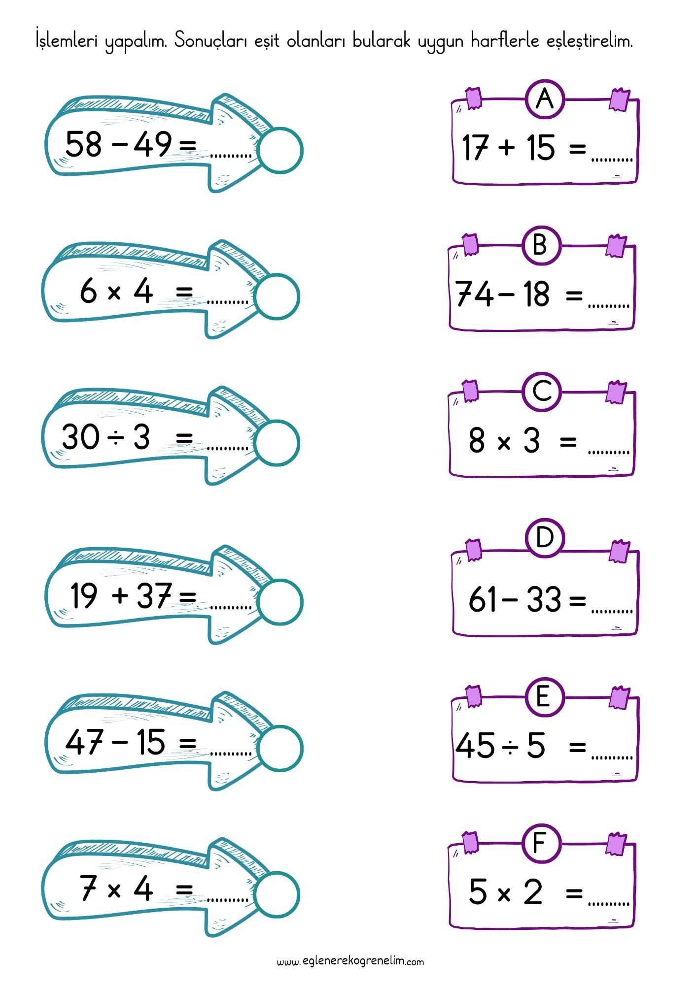 2.Sınıf Eşitlik Konusu Pekiştirme Etkinliği 2
