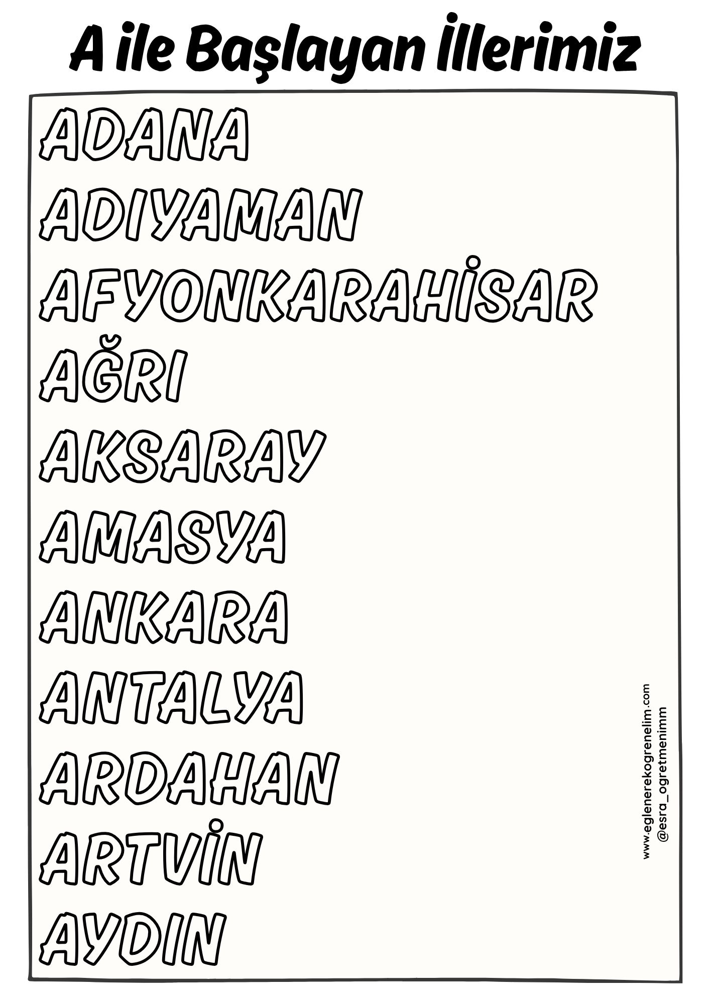 İller Ezber Sayfası