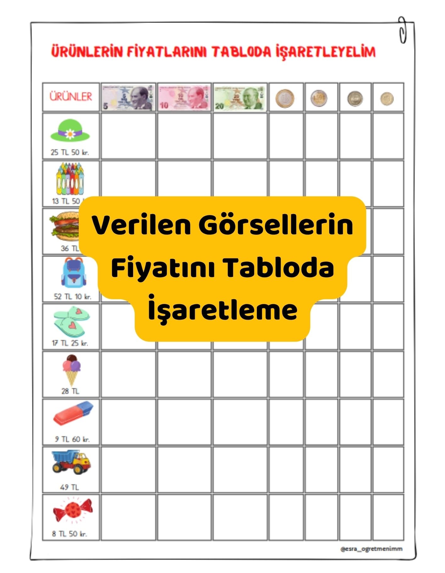 Verilen Görsellerin Fiyatını Tabloda İşaretleme