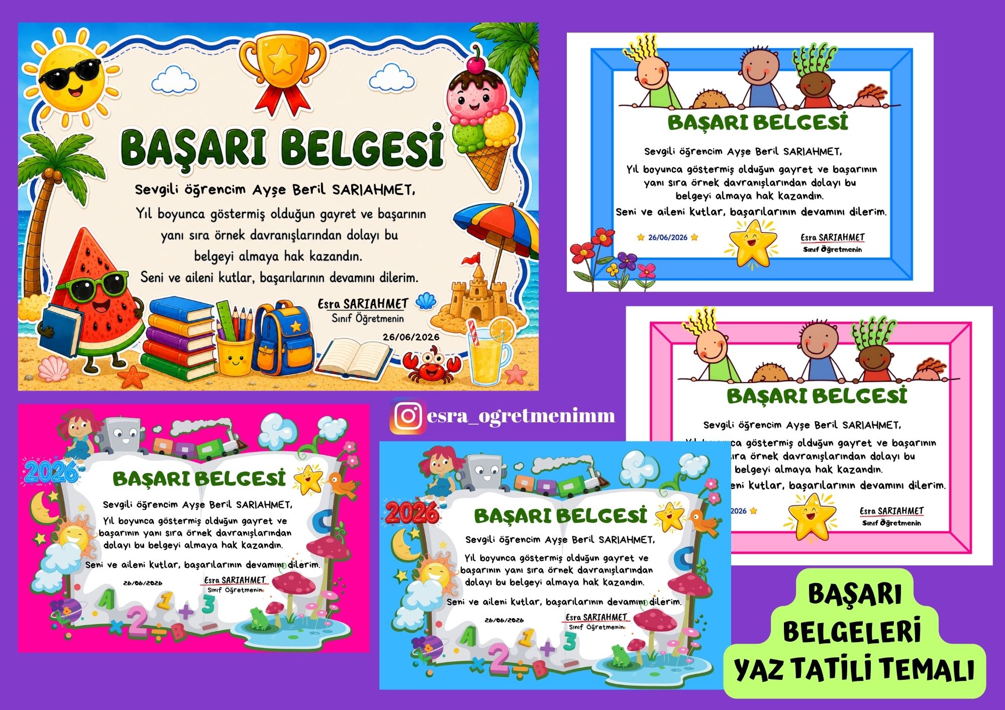 Başarı Belgesi Yaz Temalı İsim Yazmalı