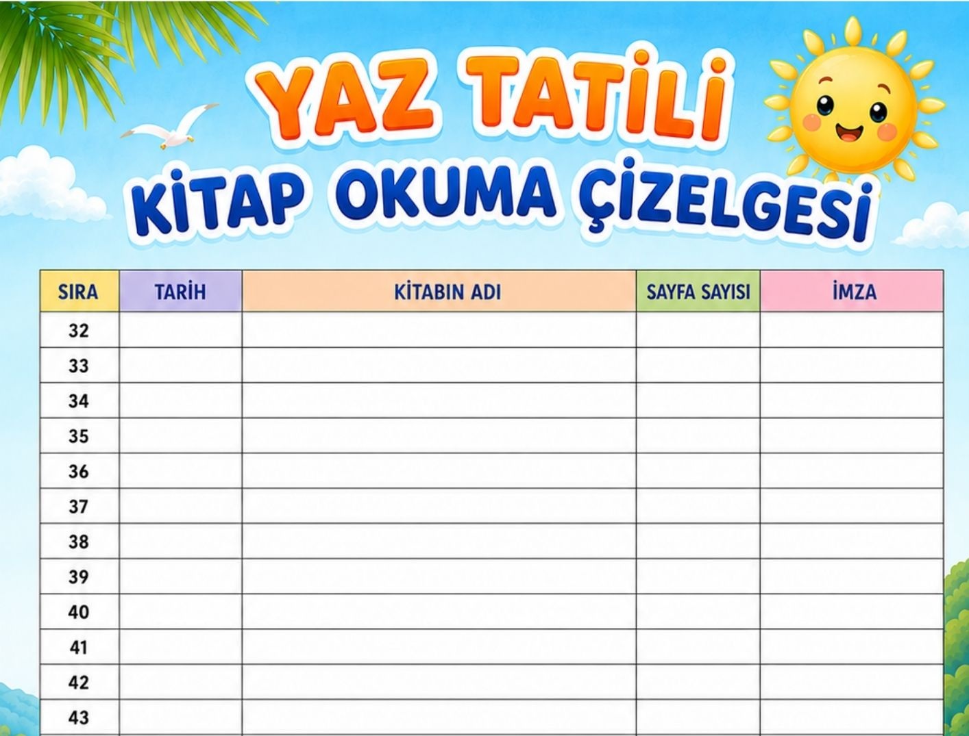 Kitap Okuma Çizelgesi Yaz Temalı